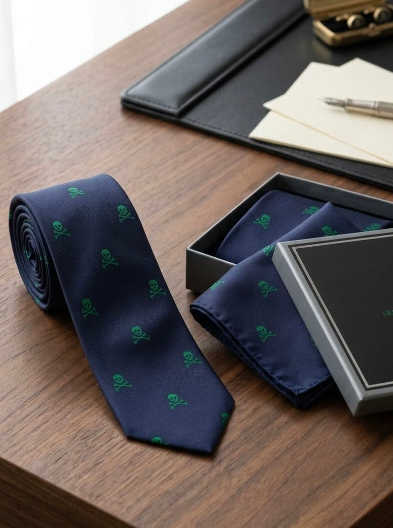 Conjunto corbata y pañuelo marino calaveras verde
