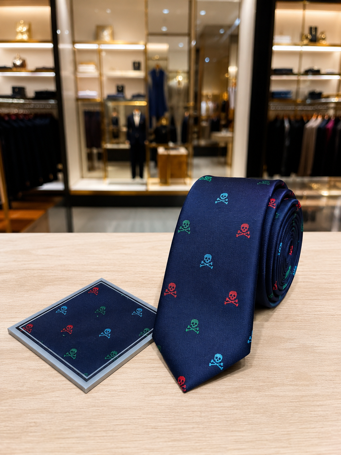 Conjunto de corbata y pañuelo marino con estampado de calaveras multicolor