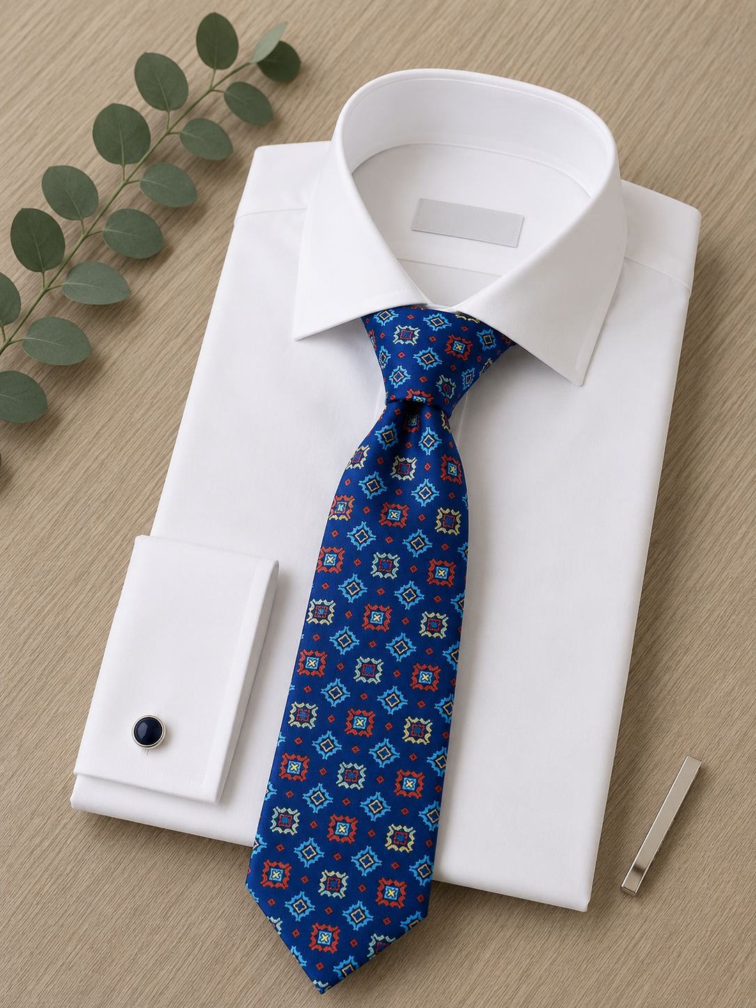 Corbata mosaico azul, amarillo y rojo