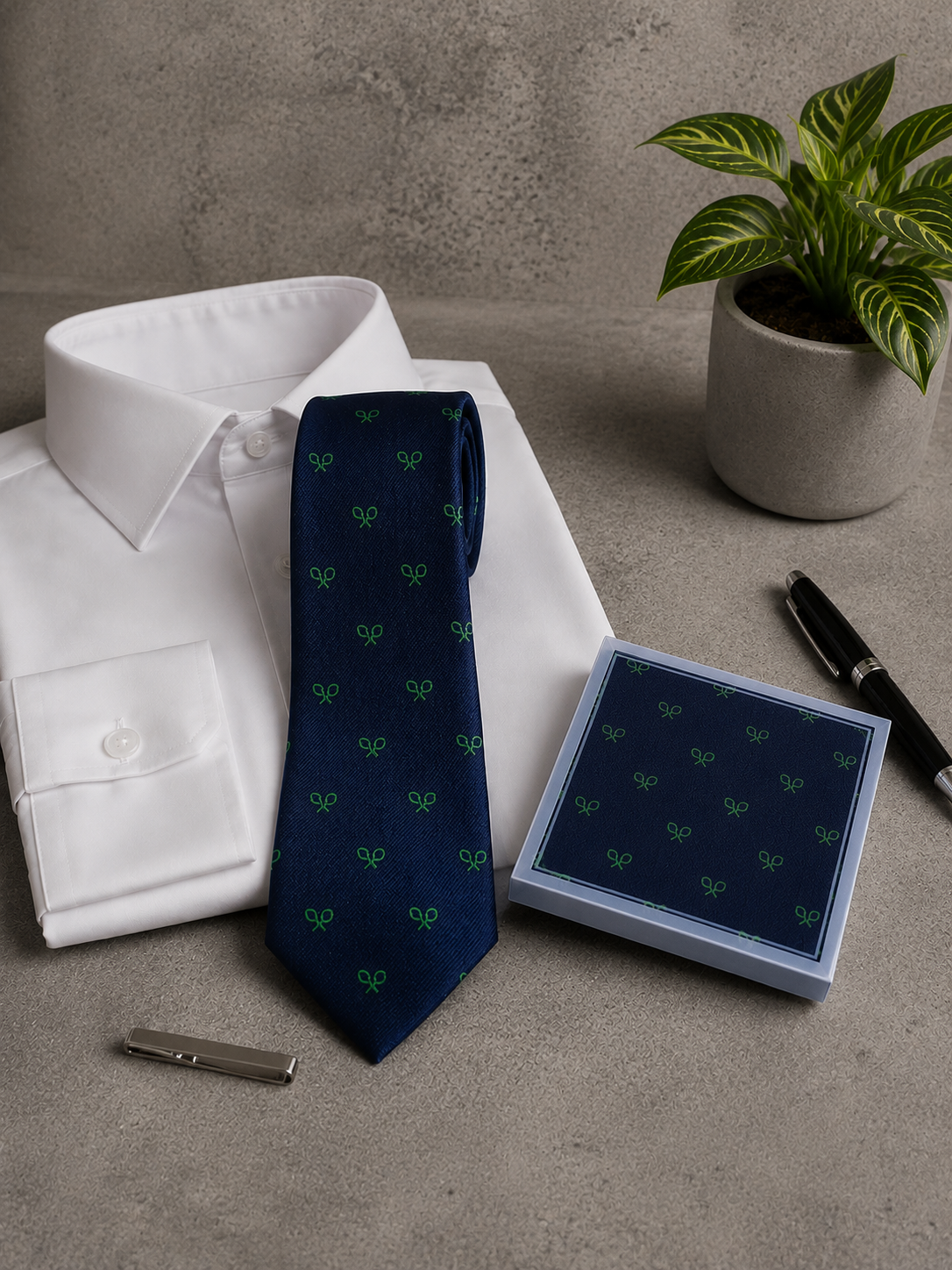 Conjunto corbata y pañuelo azul marino con raquetas verde
