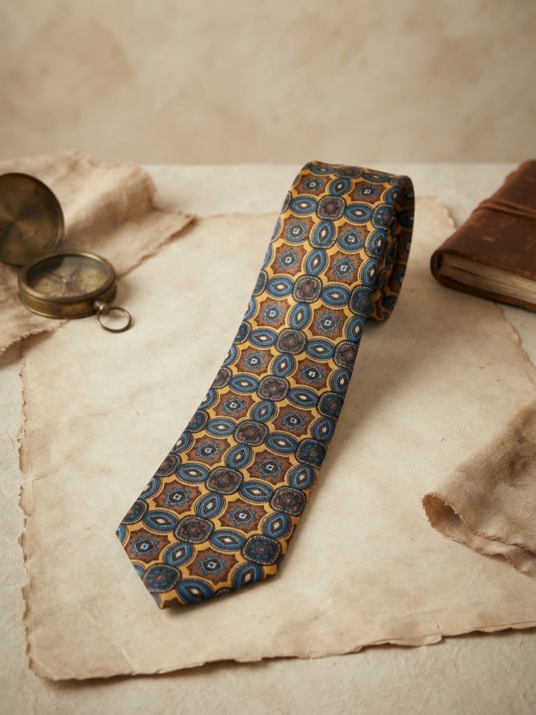 Corbata vintage estampada azul amarillo y marrón
