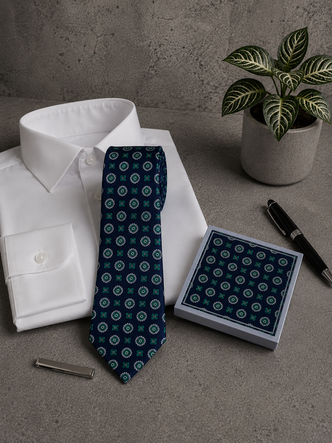 Conjunto corbata y pañuelo estampado mosaico