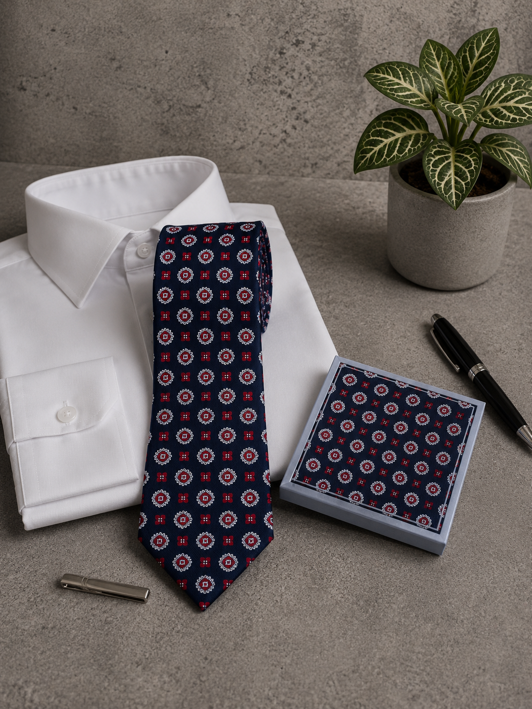 Conjunto corbata y pañuelo estampado mosaico