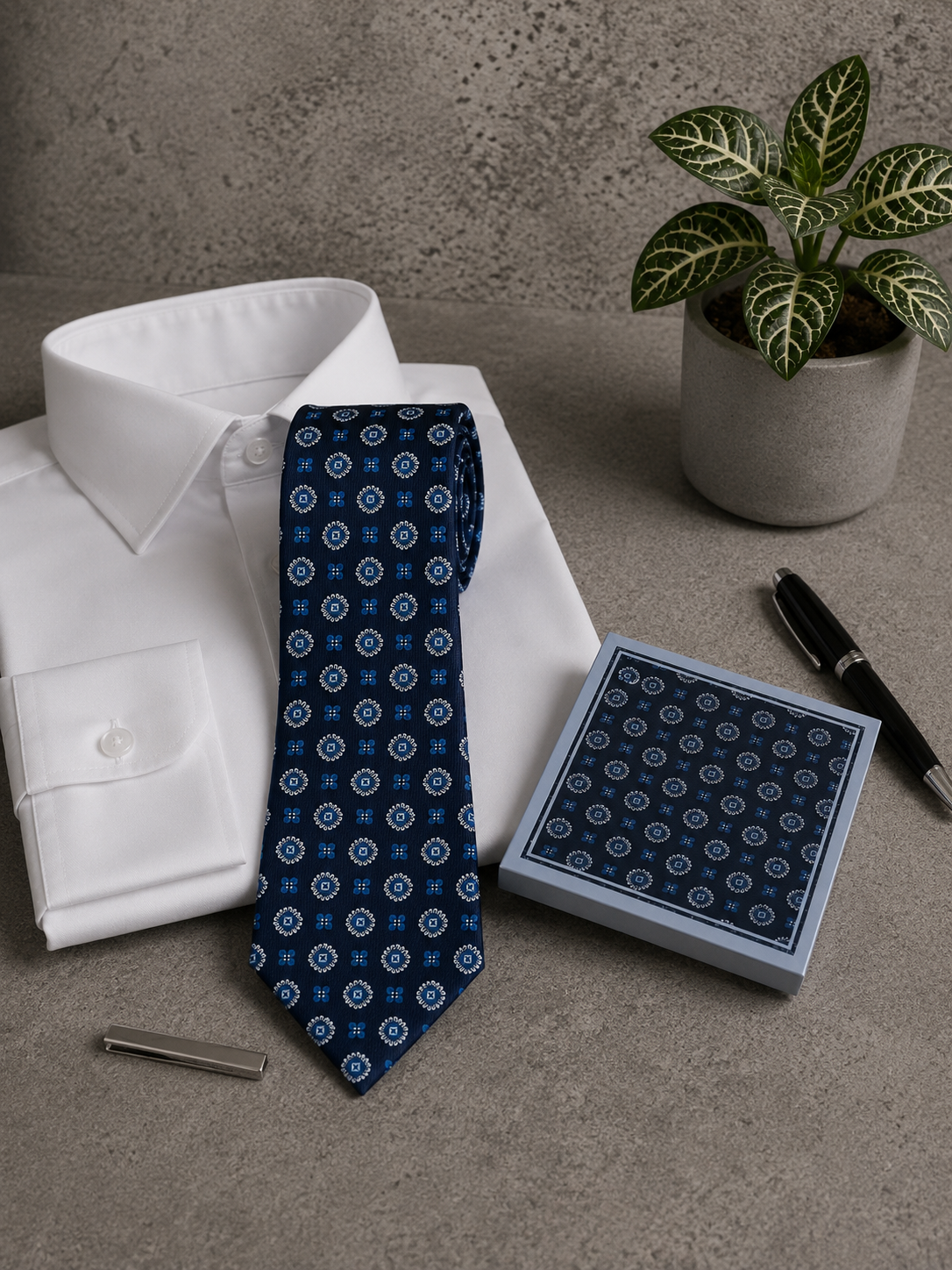 Conjunto corbata y pañuelo estampado mosaico