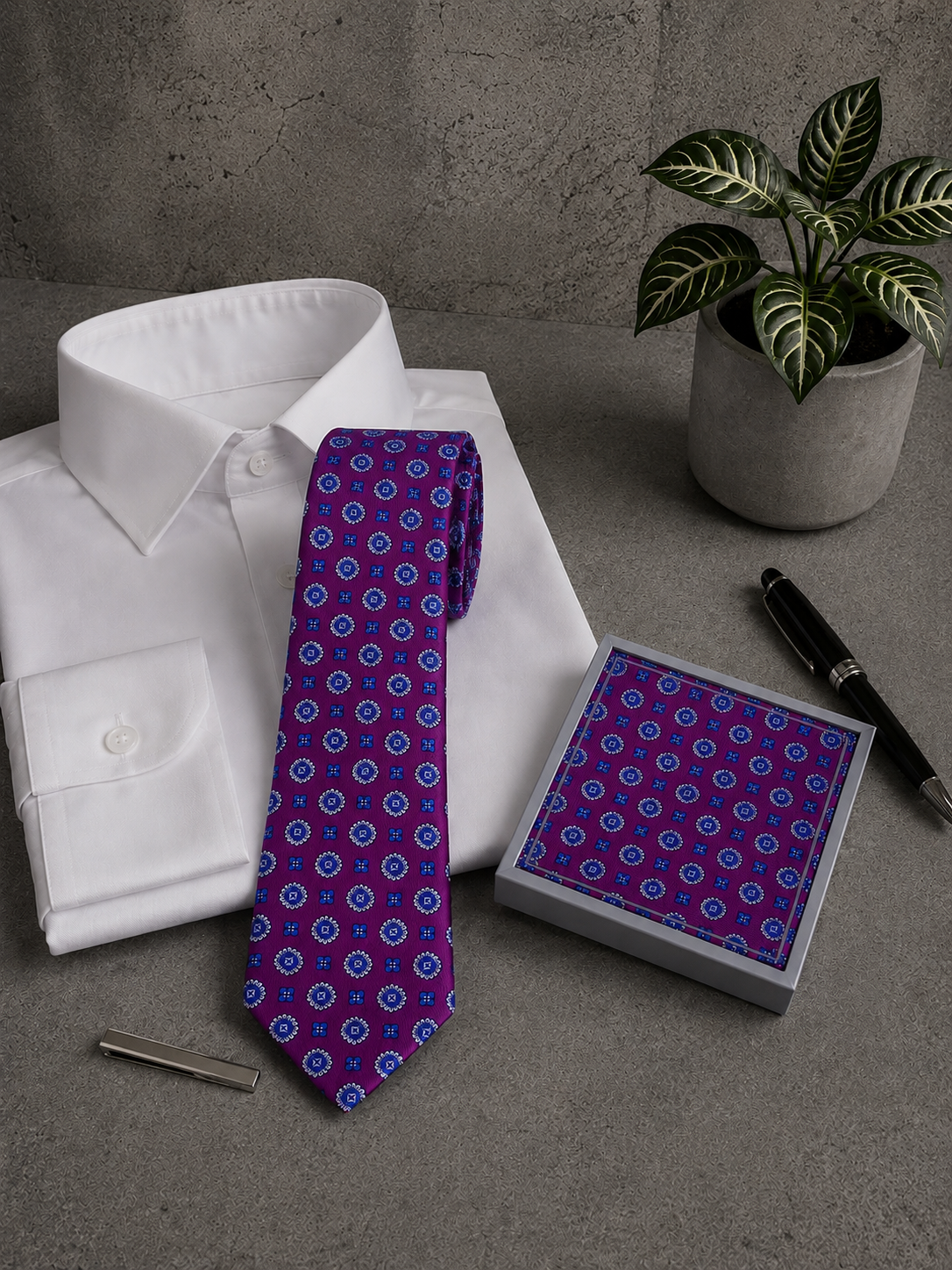 Conjunto corbata y pañuelo estampado mosaico