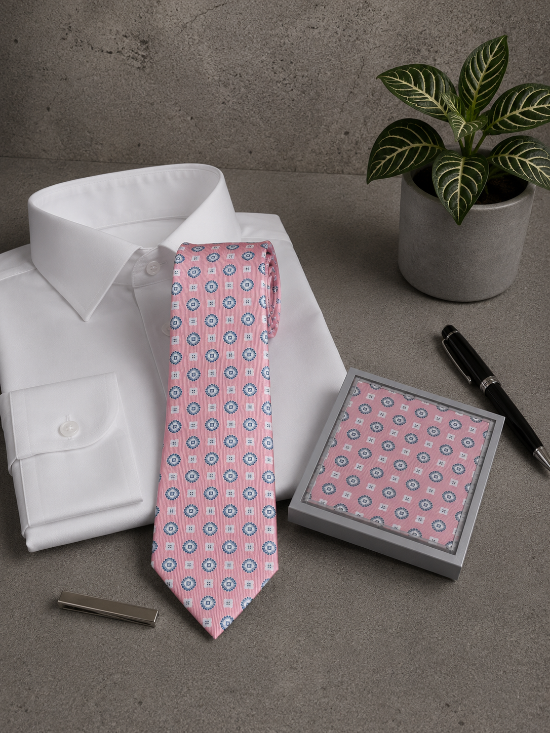 Conjunto corbata y pañuelo estampado mosaico