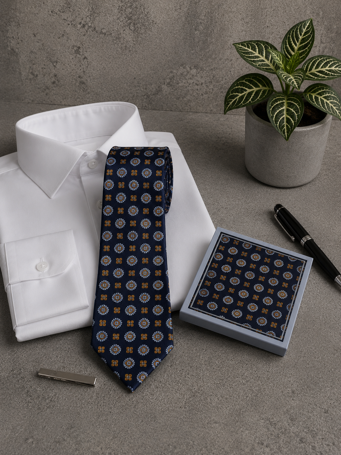 Conjunto corbata y pañuelo estampado mosaico