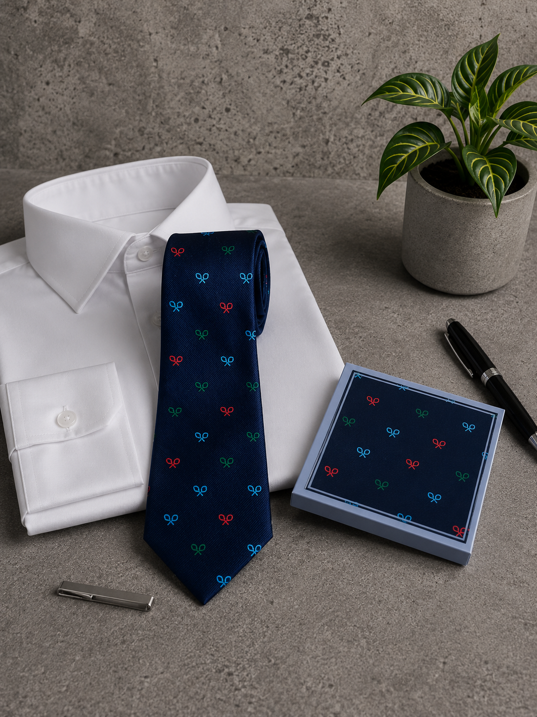 Conjunto azul marino corbata y pañuelo raquetas
