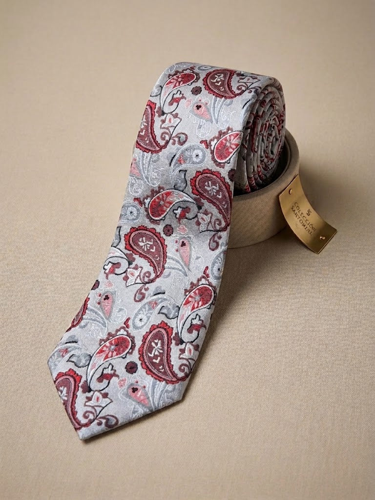 Corbata blanca con elegante estampado en burdeos