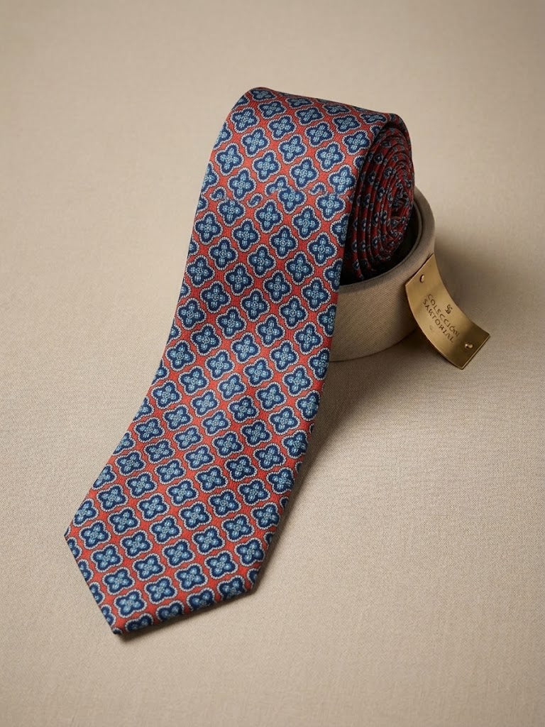 Corbata naranja con detalle de mosaico vintage en azul
