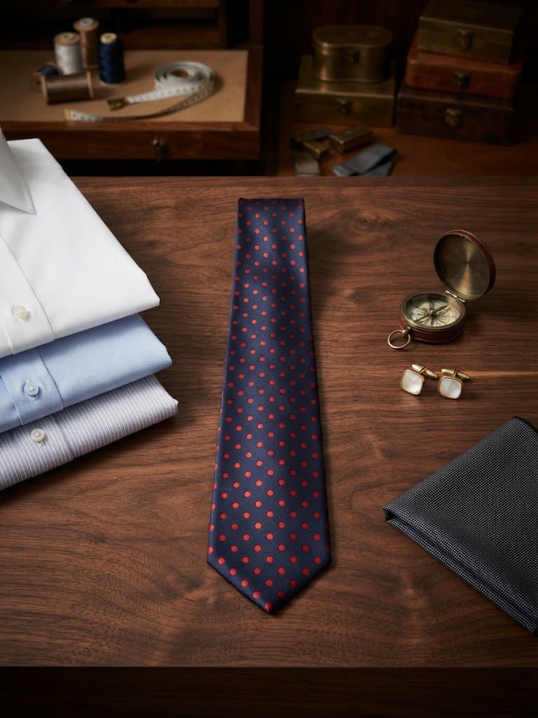 Corbata azul marino lunares rojos