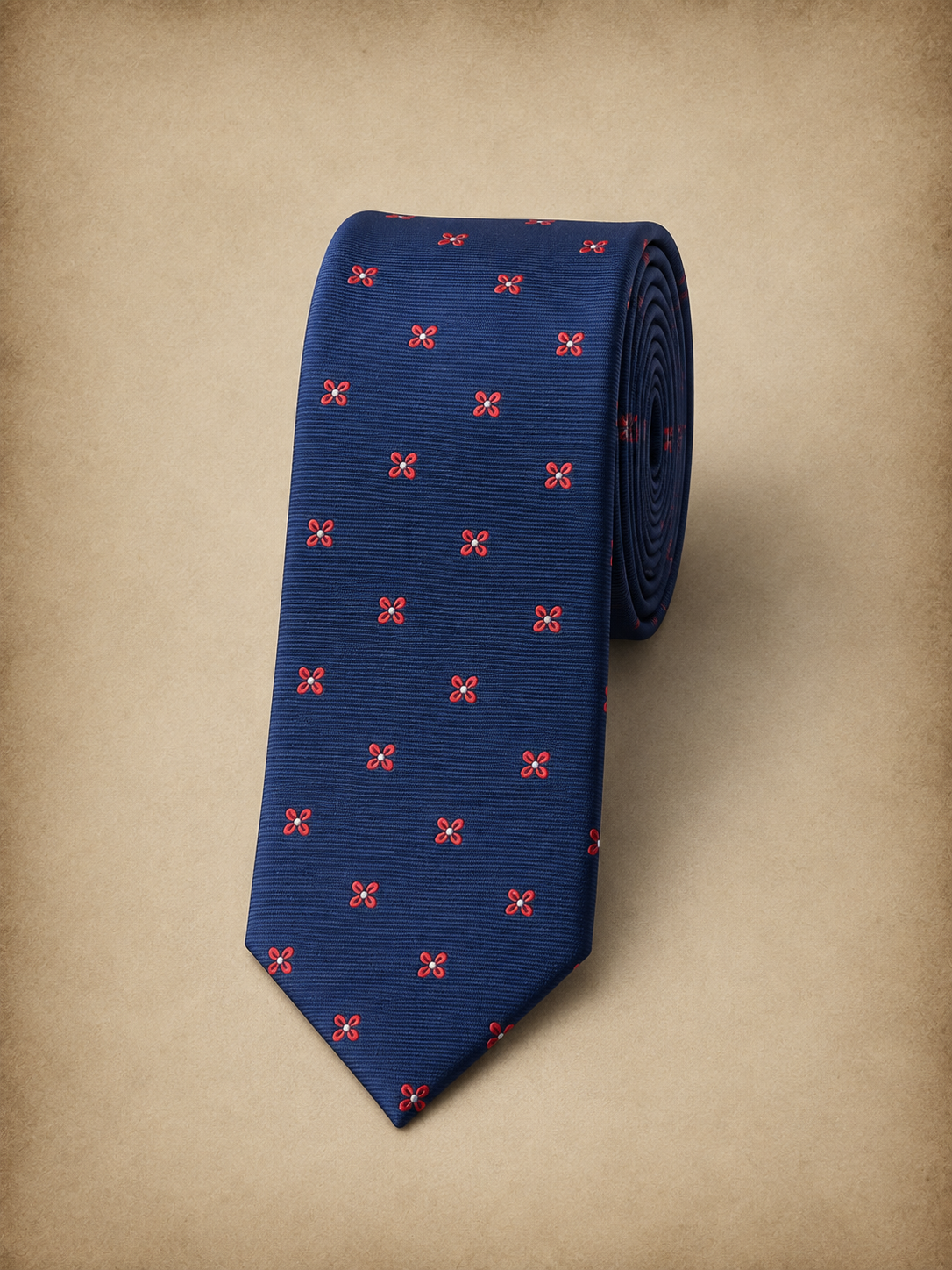 Corbata azul marino con flor roja
