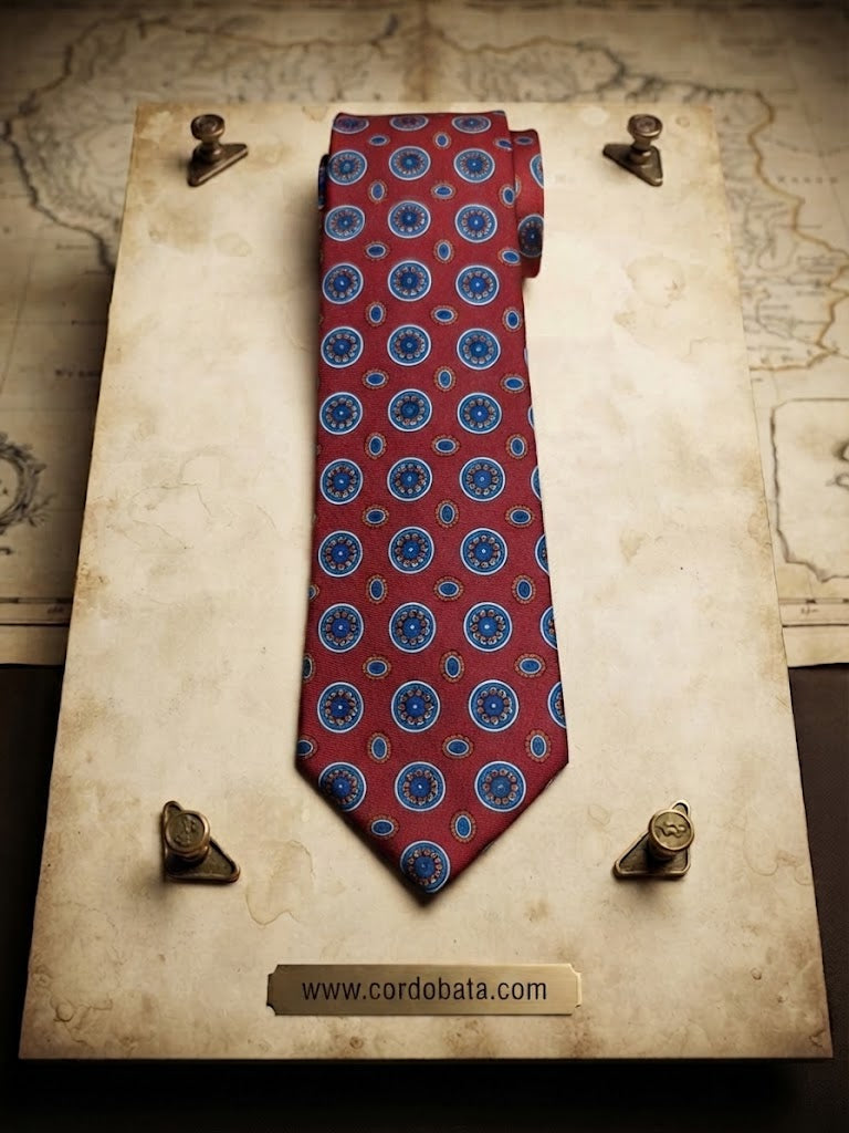 Corbata roja con mosaico azul