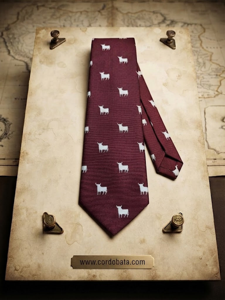 Corbata burdeos con toros blancos