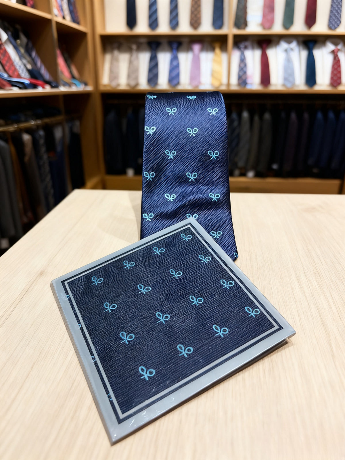 Conjunto de corbata y pañuelo azul marino con estampado de raquetas celestes